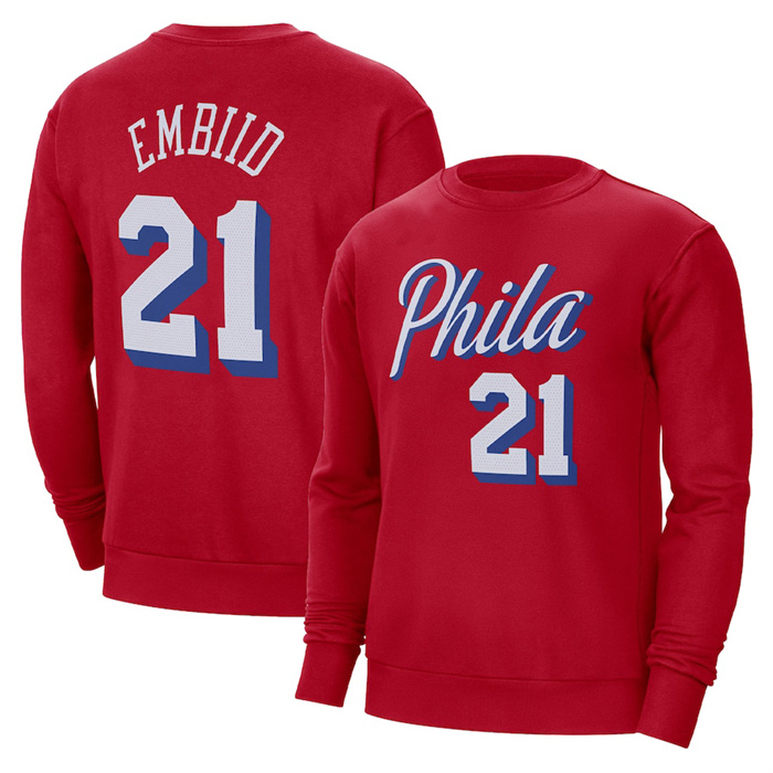 Men's Philadelphia 76ers #21 Joel Embiid Red Long Sleeve T-Shirt
